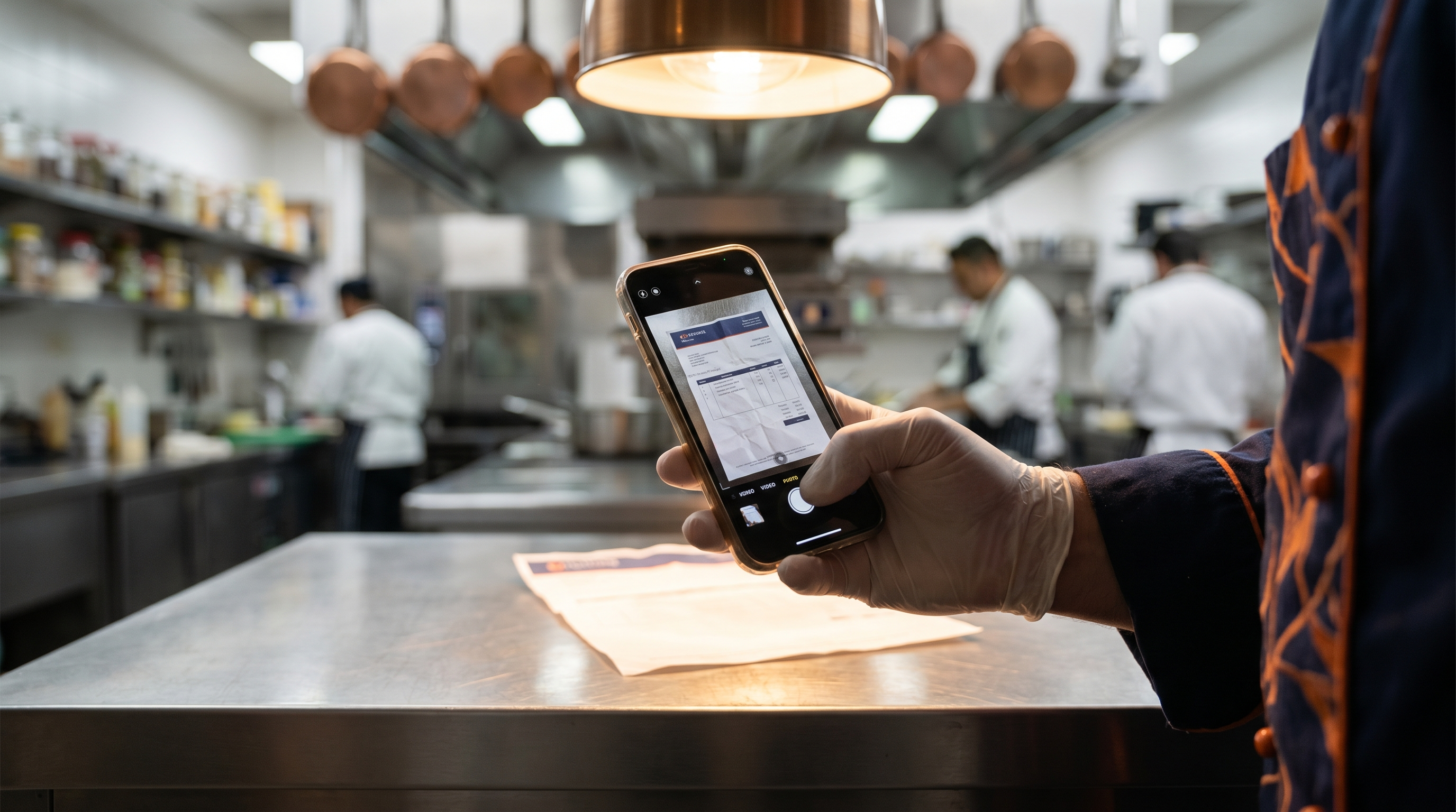 A chef photographing a supplier invoice in a working kitchen